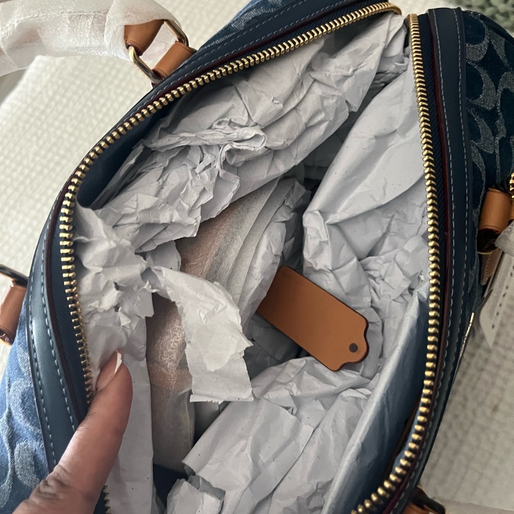 Coach Signature Dome Satchel in Navy with Tan Trim - Large Rowan - Picture 3 of 9